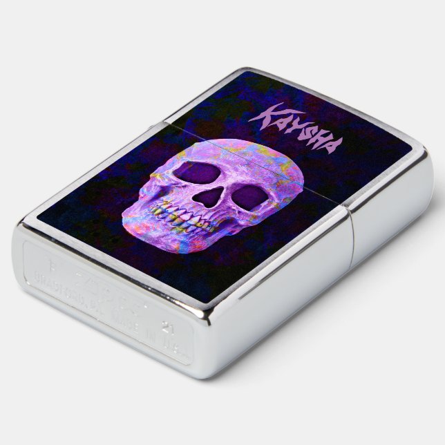 Skull Head Purple Blue Day Of The Dead Neon Gothic Zippo Lighter (Angled)