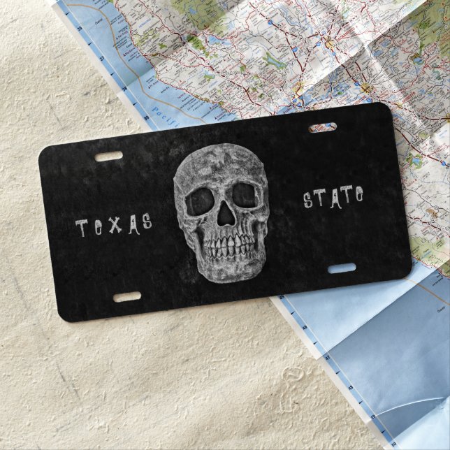 Skull Head Texas Black And White Gothic Grunge License Plate (In Situ)