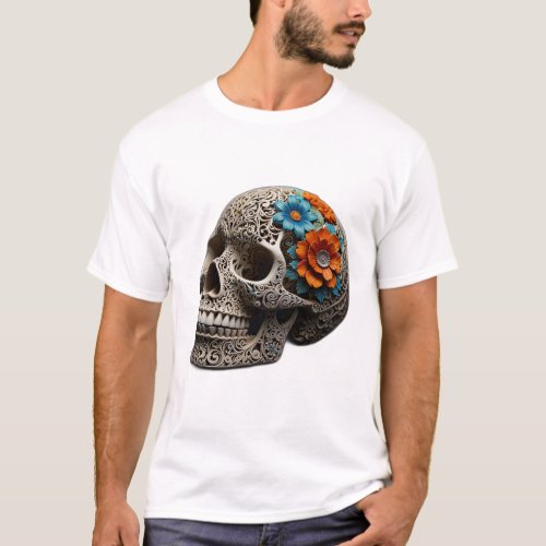 skull head with flowers T_Shirt