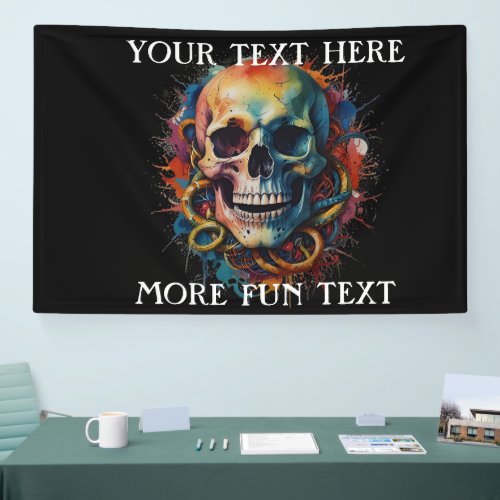 Skull Head with multi_colored Paint Splashes Banner