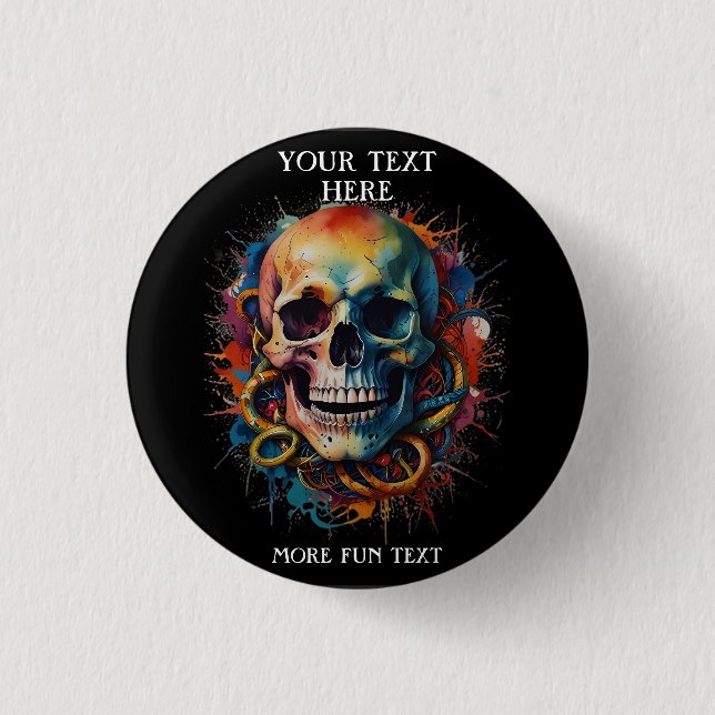 Skull Head with multi-colored Paint Splashes Button (Front)