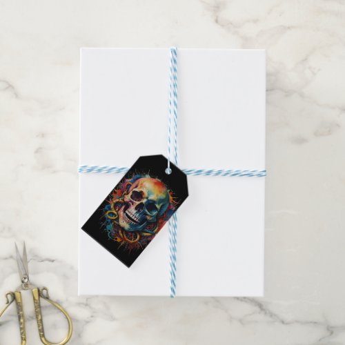 Skull Head with multi_colored Paint Splashes Gift Tags