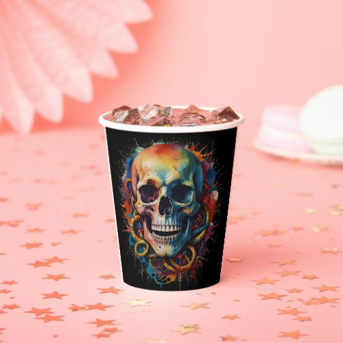 Skull Head with multi_colored Paint Splashes Paper Cups