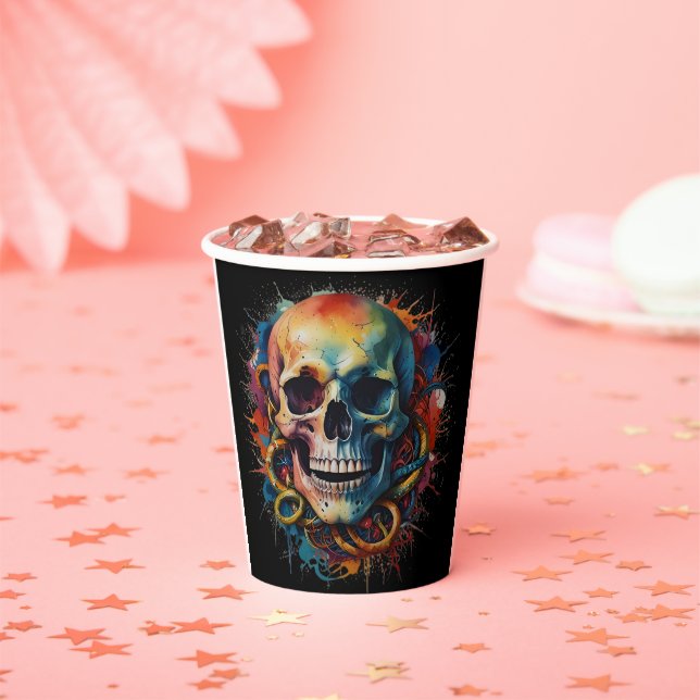 Skull Head with multi-colored Paint Splashes Paper Cups (Insitu)