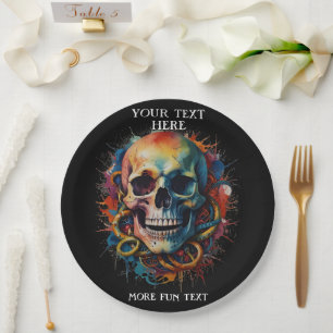 Skull Head with multi-colored Paint Splashes Paper Plates