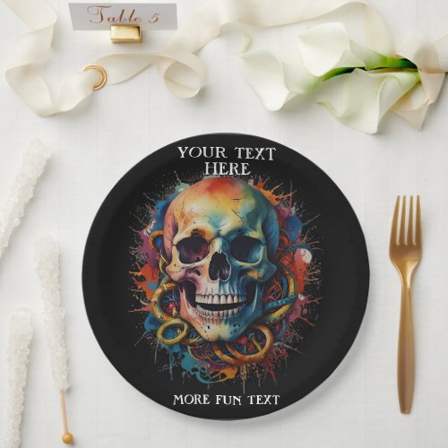 Skull Head with multi_colored Paint Splashes Paper Plates