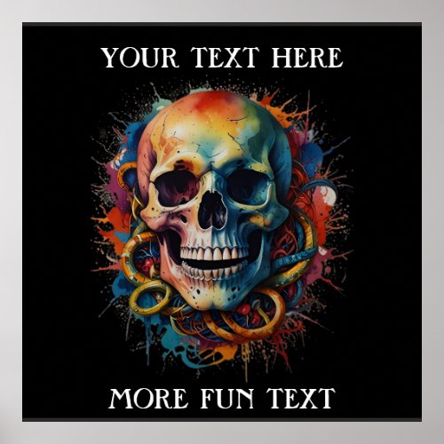 Skull Head with multi_colored Paint Splashes Poster