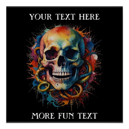 Skull Head with multi_colored Paint Splashes Poster