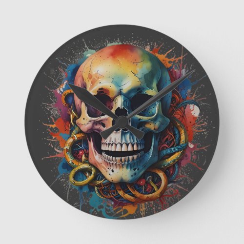 Skull Head with multi_colored Paint Splashes Round Clock