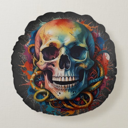 Skull Head with multi_colored Paint Splashes Round Pillow