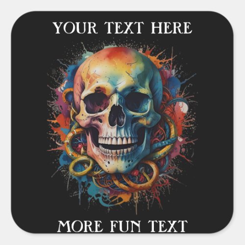 Skull Head with multi_colored Paint Splashes Square Sticker