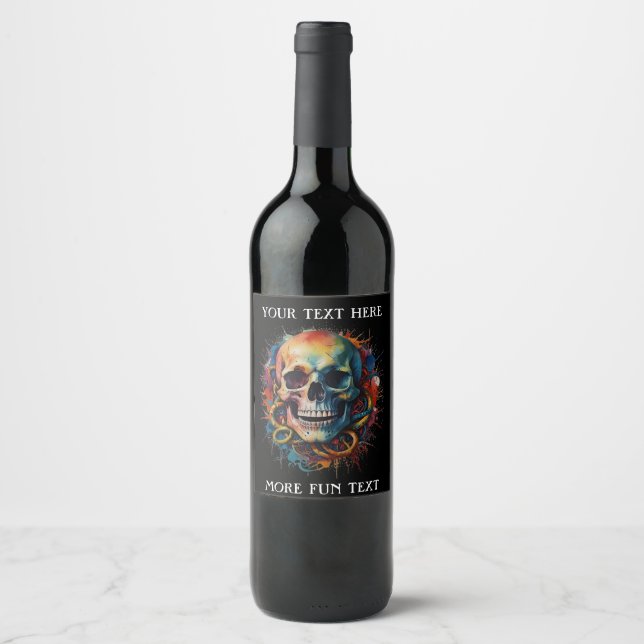Skull Head with multi-colored Paint Splashes Wine Label (Front)