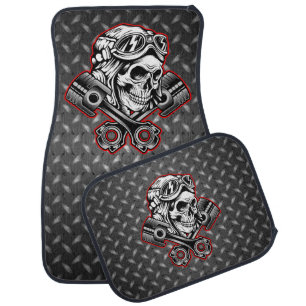Skull Helmet Crossed Pistons Diamond Plate Car Floor Mat