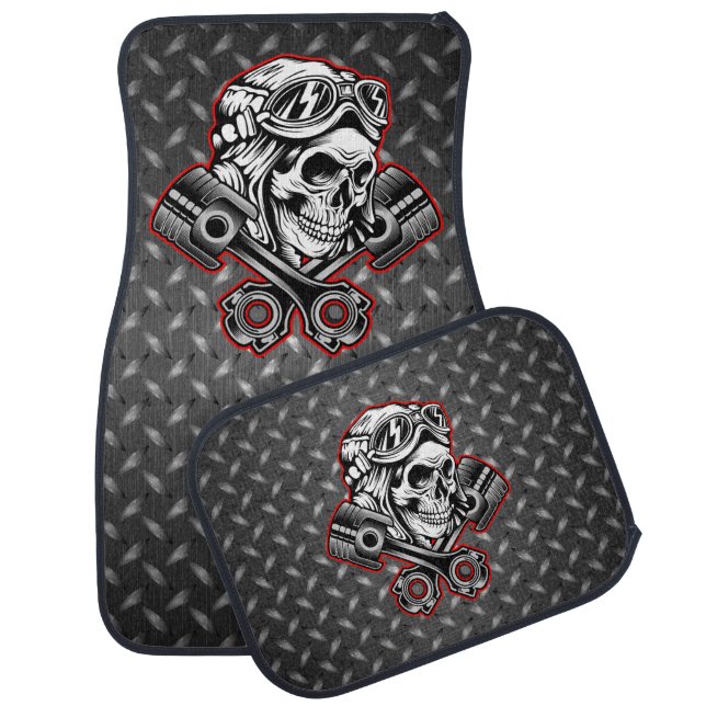 Skull Helmet Crossed Pistons Diamond Plate   Car Floor Mat (Set)