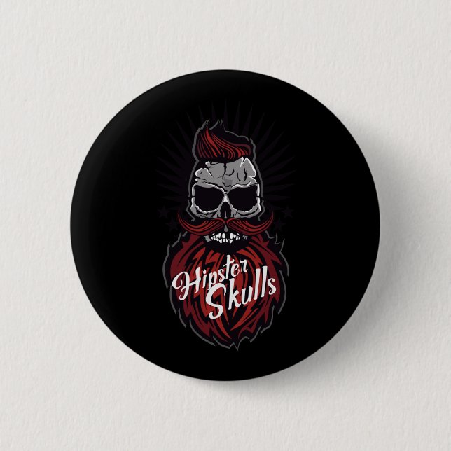 Skull Hipster Mustache Beard Logo Bearded Mustache Button (Front)