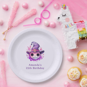 Skull in a Witch's Hat Whimsical Birthday Paper Plates