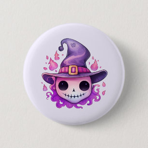Skull in a Witch's Hat Whimsical Button