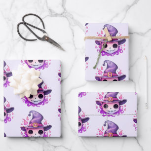 Skull in a Witch's Hat Whimsical Pattern Wrapping Paper Sheets