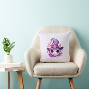 Skull in a Witch's Hat Whimsical Throw Pillow