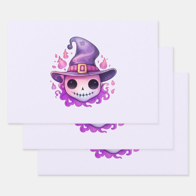 Skull in a Witch's Hat Whimsical Wrapping Paper Sheets (Set)