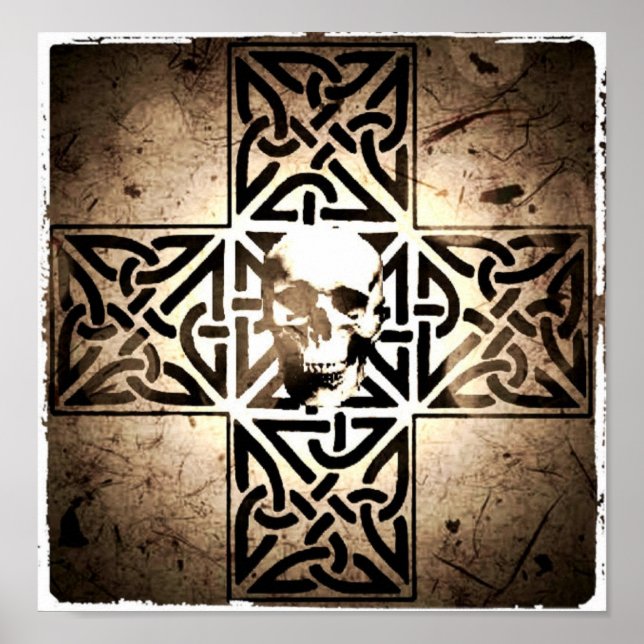 Skull in Celtic Cross Black,Sepia,Aged Poster (Front)