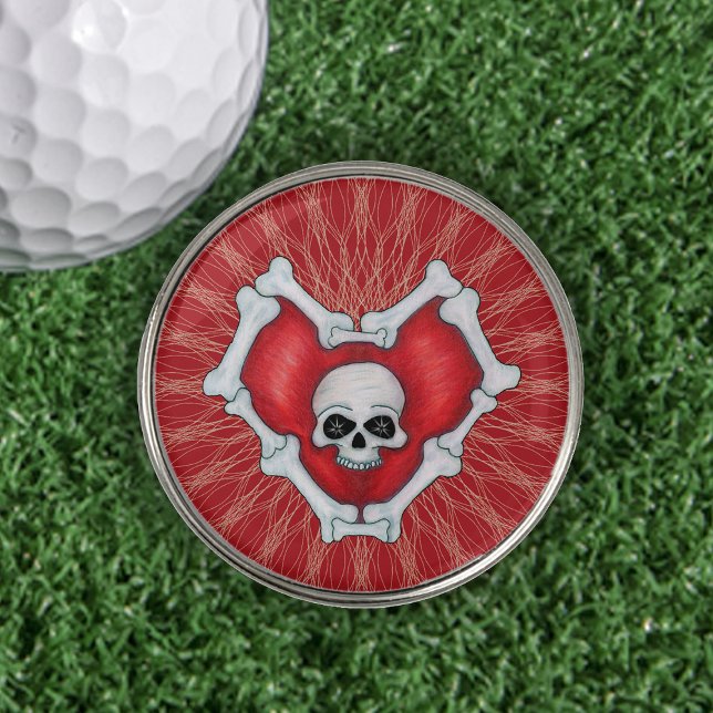 Skull In Center of Red Heart of Bones Squiggles Golf Ball Marker (Skull in center of red heart outlined in bones on abstract squiggle lines golf ball marker.)