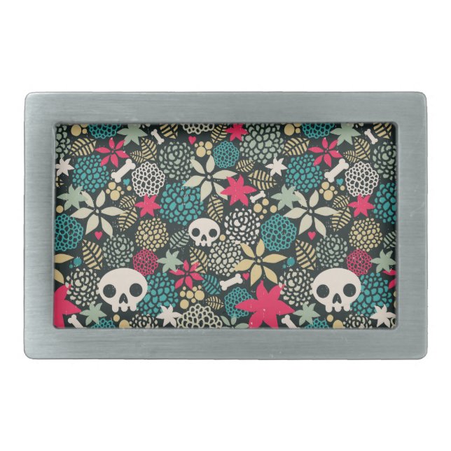 Skull in flowers belt buckle (Front)
