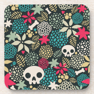 Skull in flowers beverage coaster