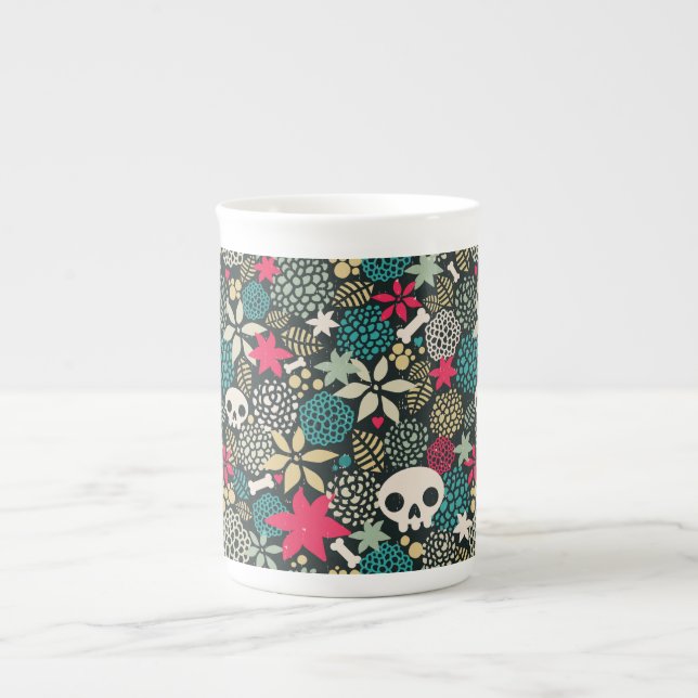 Skull in flowers bone china mug (Front)