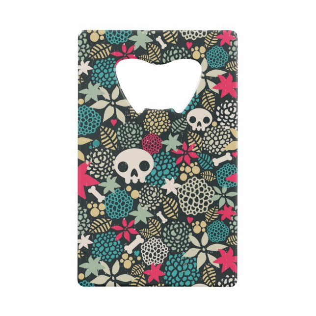 Skull in flowers credit card bottle opener (Front)