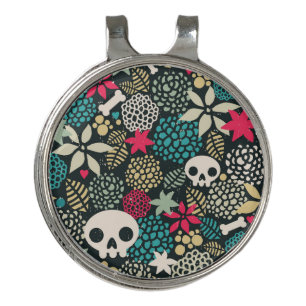 Skull in flowers golf hat clip
