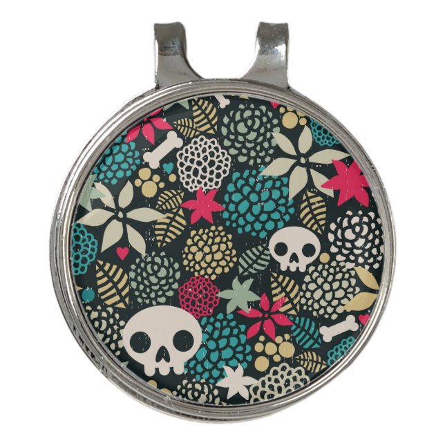 Skull in flowers golf hat clip (Front)