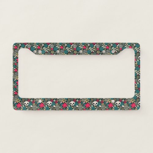 Skull in flowers license plate frame