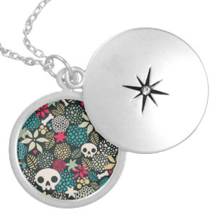 Skull in flowers locket necklace