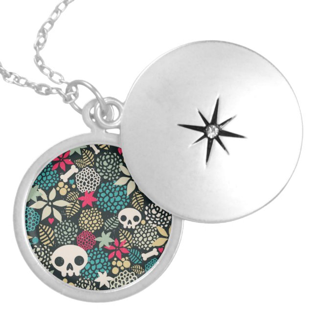 Skull in flowers locket necklace (Front)