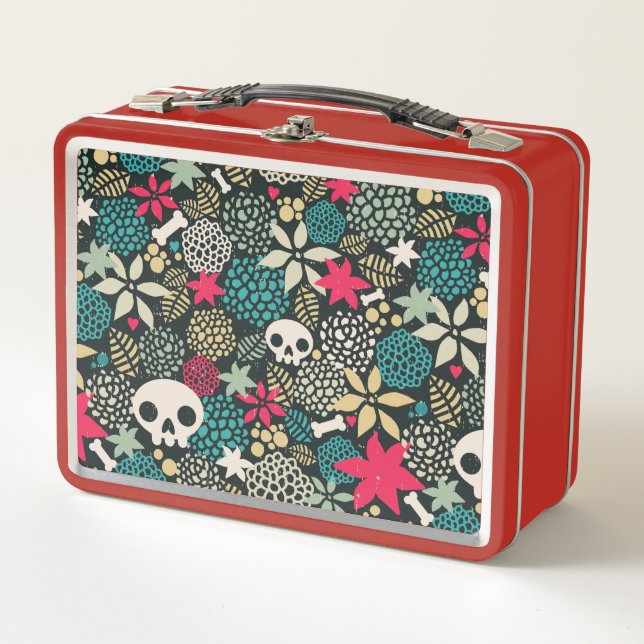 Skull in flowers metal lunch box (Front)