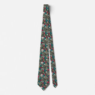 Skull in flowers neck tie