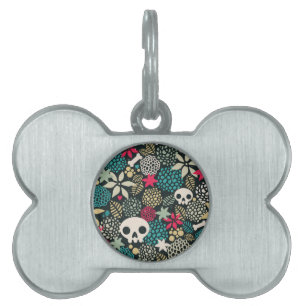 Skull in flowers pet ID tag