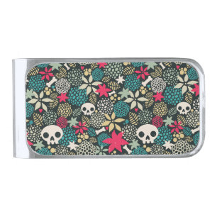 Skull in flowers silver finish money clip