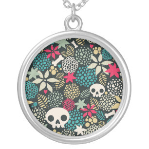 Skull in flowers silver plated necklace