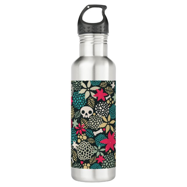 Skull in flowers stainless steel water bottle (Front)