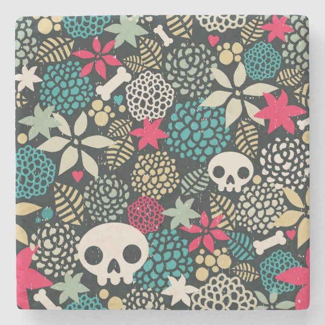Skull in flowers stone coaster (Front)