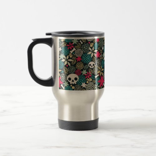 Skull in flowers travel mug