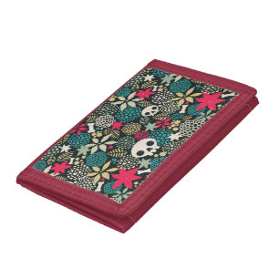 Skull in flowers tri-fold wallet