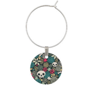 Skull in flowers wine charm