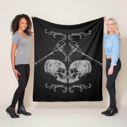 Skull in Love Vintage Skeletons Black Fleece Blanket