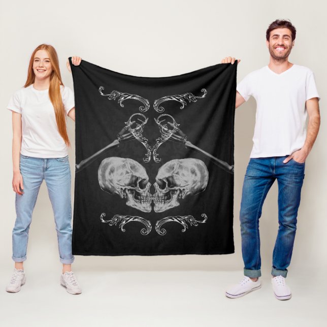 "Skull in Love" Vintage Skeletons Black Fleece Blanket (In Situ)