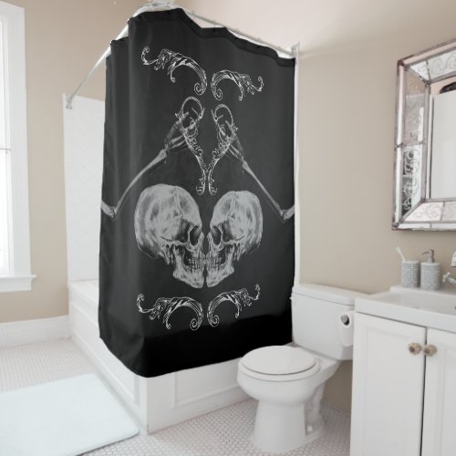 Skull in Love Vintage Skeletons Black Shower Curtain