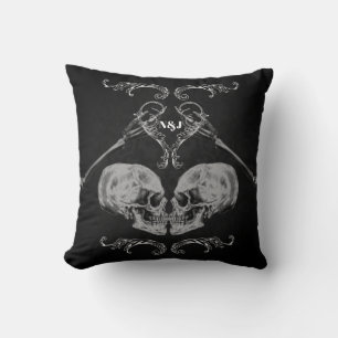"Skull in Love" Vintage Skeletons Black Throw Pillow