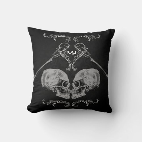 Skull in Love Vintage Skeletons Black Throw Pillow